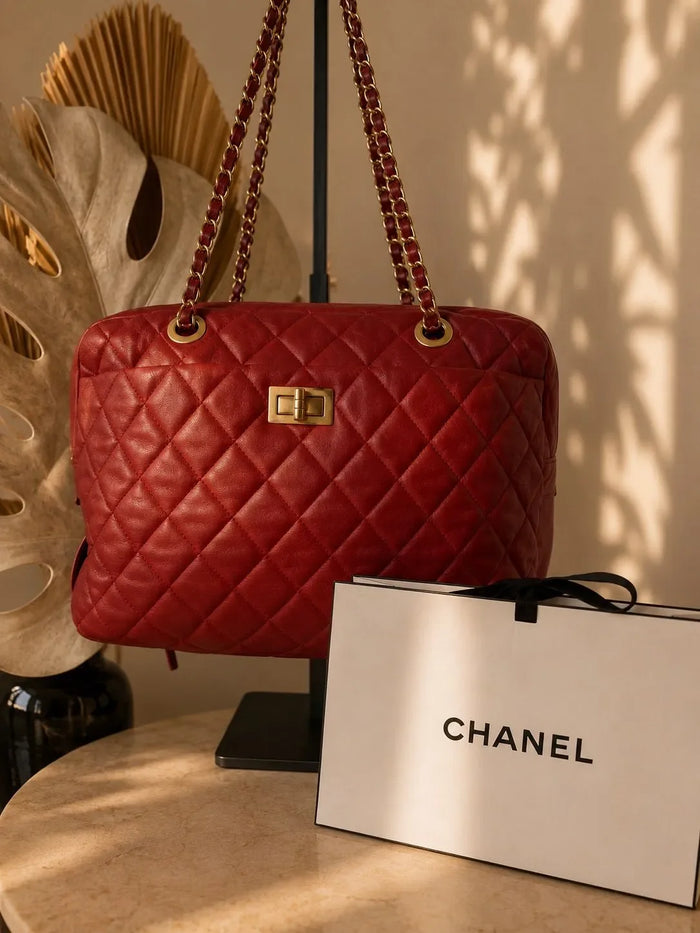 Chanel Red Quilted Lambskin Reissue Travel Tote | Built-In Rain Cover & Umbrella Holder