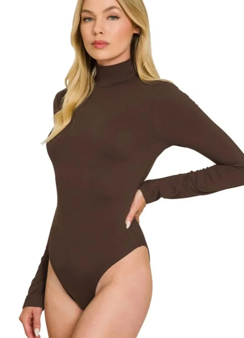 Mock Neck Long Sleeve Bodysuit — Dark Brown