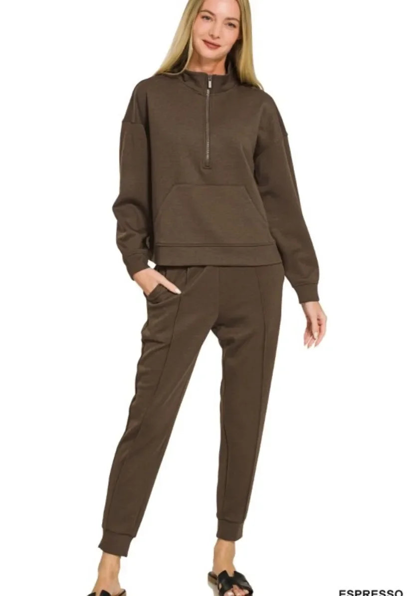 Espresso Scuba Half-Zip & Pintuck Jogger Set