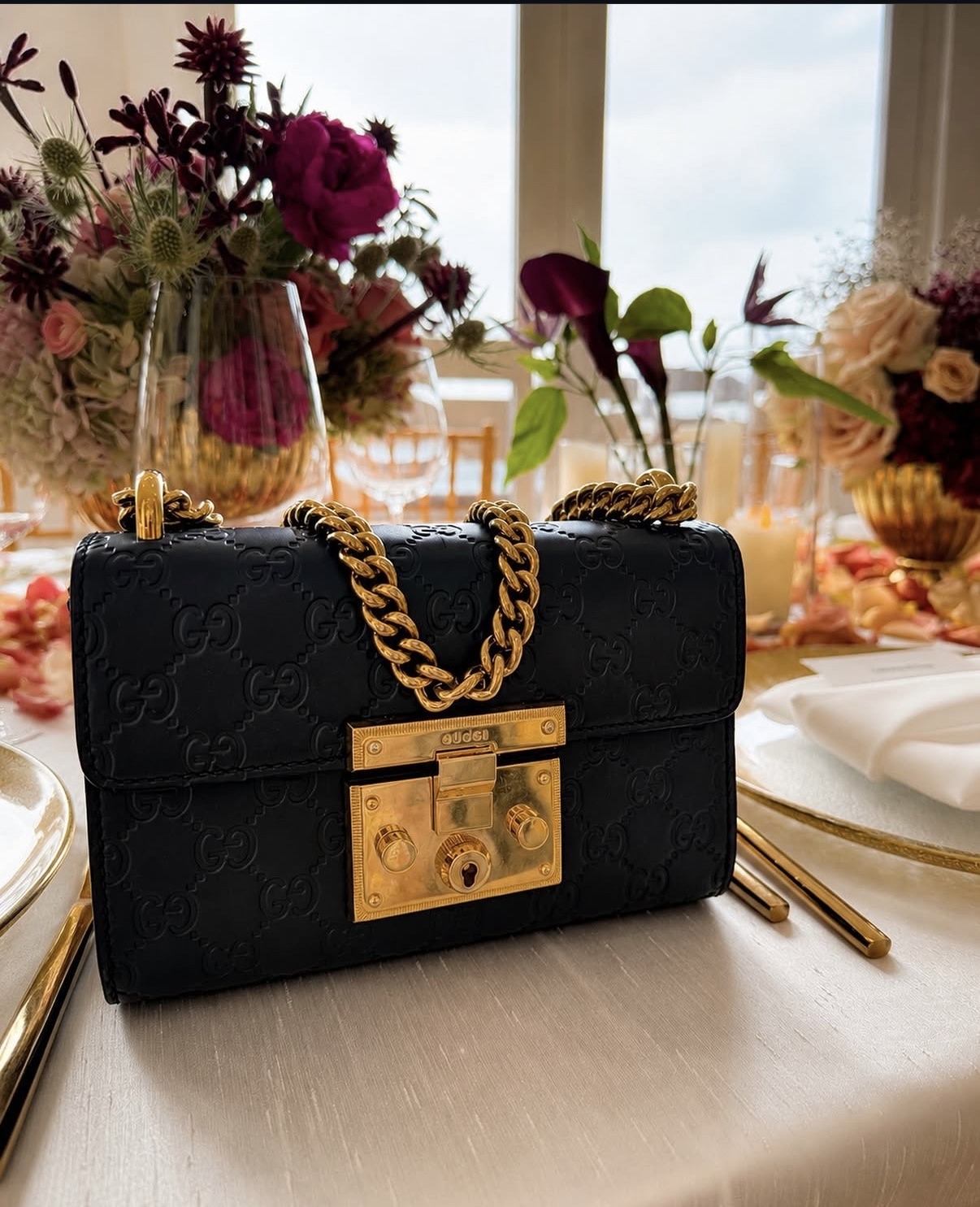 Gucci bag styled at dinner