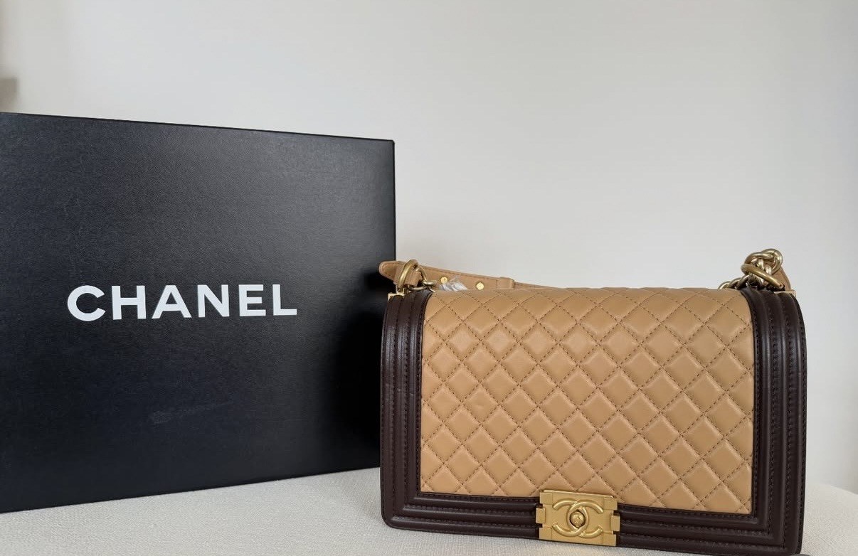 Tan Chanel bag with box