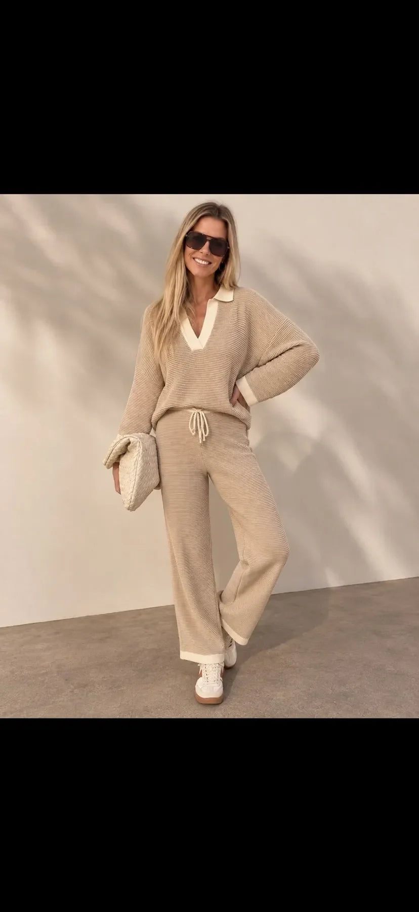 Beige Striped Sweater Set