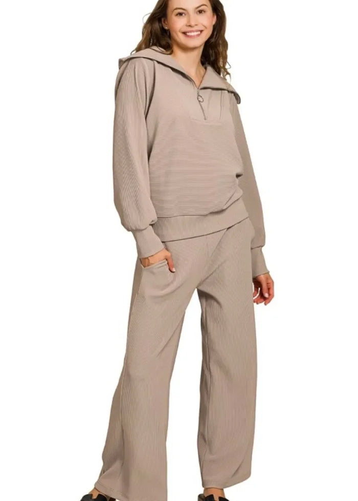 Cocoa Ribbed Half-Zip Pullover & Pants Set