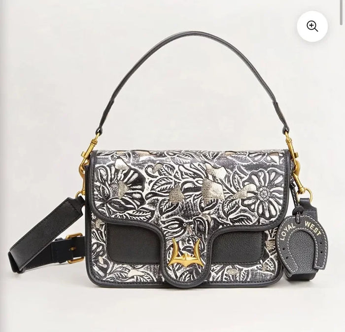 Loyal West Shell Floral Leather Flap Bag — Black