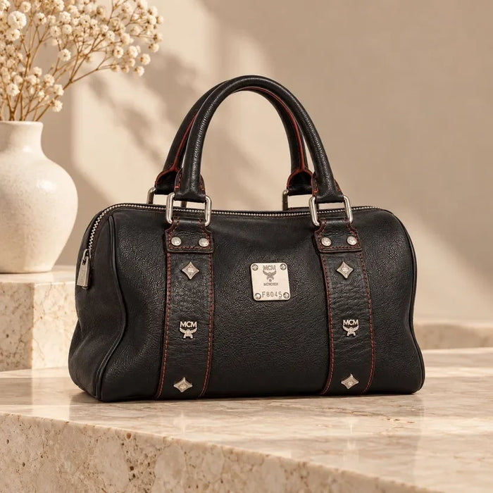 MCM München Black Leather Boston Satchel