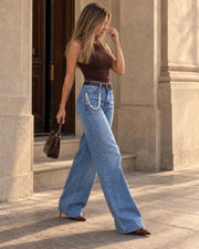 High Rise Pearl Wide-Leg Denim